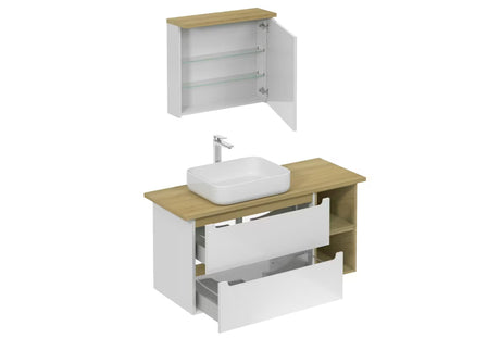 Koupelnová sestava Naturel Stilla v bílém lesku s umyvadlem na desku a prvky v dekoru lanýžového buku