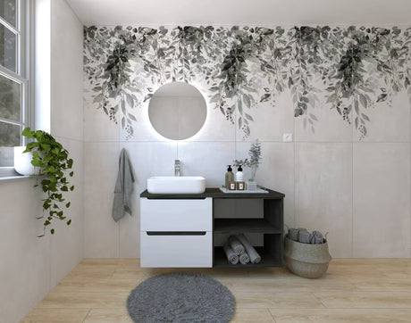 Koupelnová sestava Naturel Stilla v bílém lesku s umyvadlem na desku a prvky v dekoru černý beton.