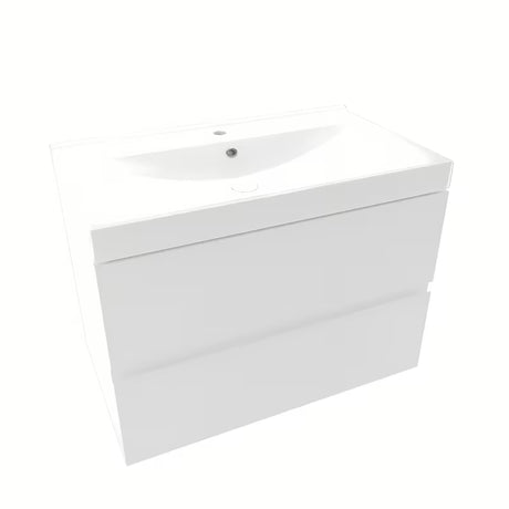Bílá závěsná koupelnová skříňka Naturel Verona s keramickým umyvadlem a bezúchytkovými zásuvkami