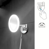 LED kosmetické zrcátko Nimco v chromovém provedení s 5× zvětšením a dotykovým podsvíceným spínačem.