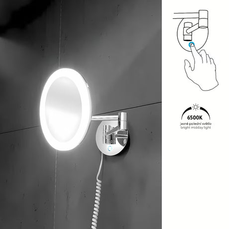 LED kosmetické zrcátko Nimco v chromovém provedení s 5× zvětšením a dotykovým podsvíceným spínačem.