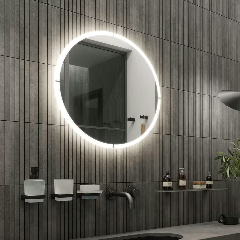 Kulaté koupelnové LED zrcadlo Nimco s obvodovým podsvícením, průměr 800 mm, hliníkový rám.