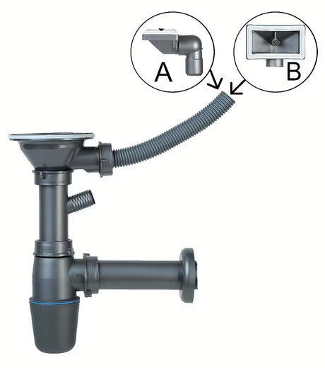 Šedý plastový sifon ke dřezu Novaservis s integrovaným přepadem pro otvor 89 mm.