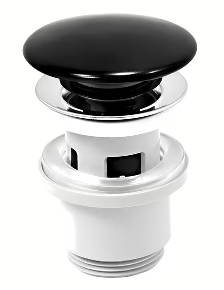 Matně černá umyvadlová výpusť Novaservis s keramickou zátkou a ovládáním Click-Clack pro umyvadlo s přepadem.