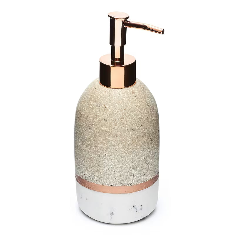 Volně stojící dávkovač tekutého mýdla Optima Tera v dekoru light-limestone s pumpičkou rosé gold.