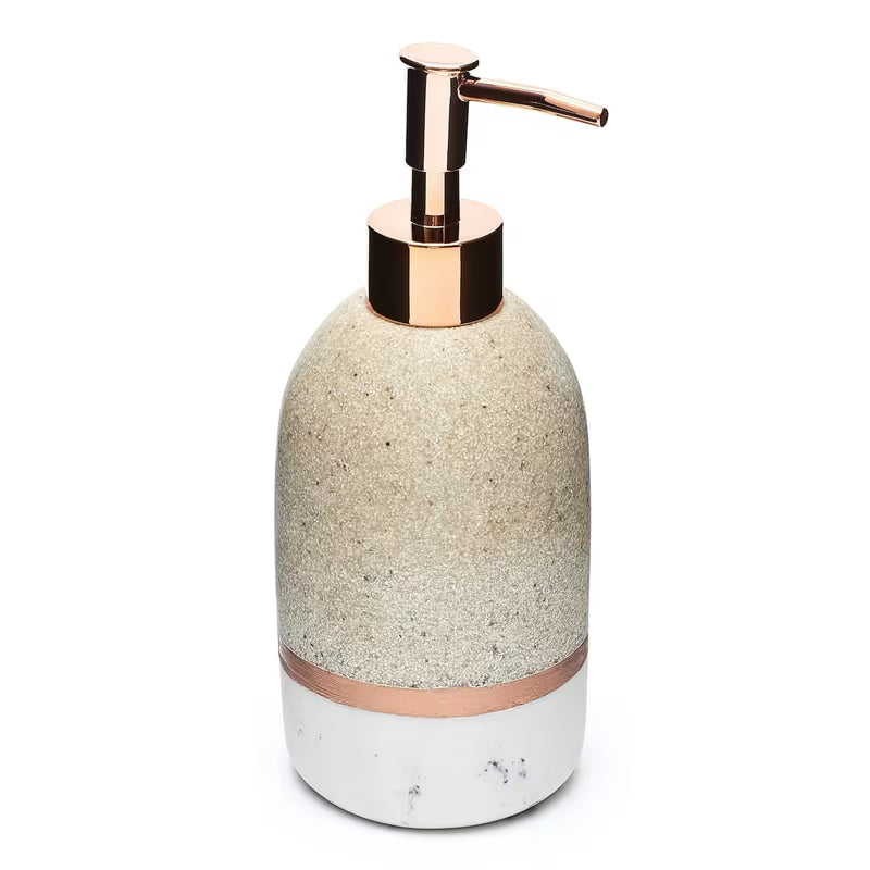 Volně stojící dávkovač tekutého mýdla Optima Tera v dekoru light-limestone s pumpičkou rosé gold.