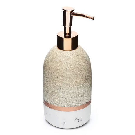 Volně stojící dávkovač tekutého mýdla Optima Tera v dekoru light-limestone s pumpičkou rosé gold.