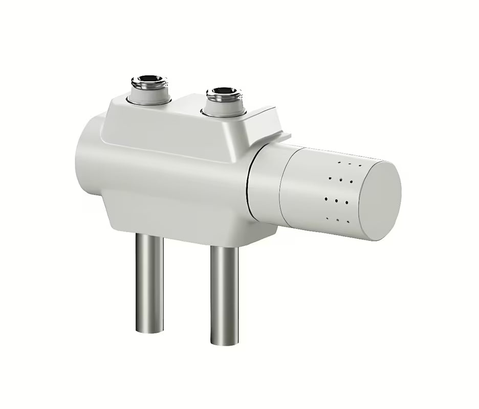 Bílý univerzální termostatický ventil pro radiátory se středovým připojením a roztečí 50 mm