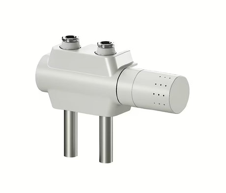 Bílý univerzální termostatický ventil pro radiátory se středovým připojením a roztečí 50 mm