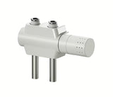 Bílý univerzální termostatický ventil pro radiátor se středovým připojením a roztečí 50 mm.