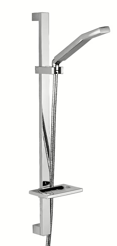 Chromový sprchový set Paffoni Level s posuvnou tyčí, ruční sprchou Domino a mýdlenkou v hranatém designu.