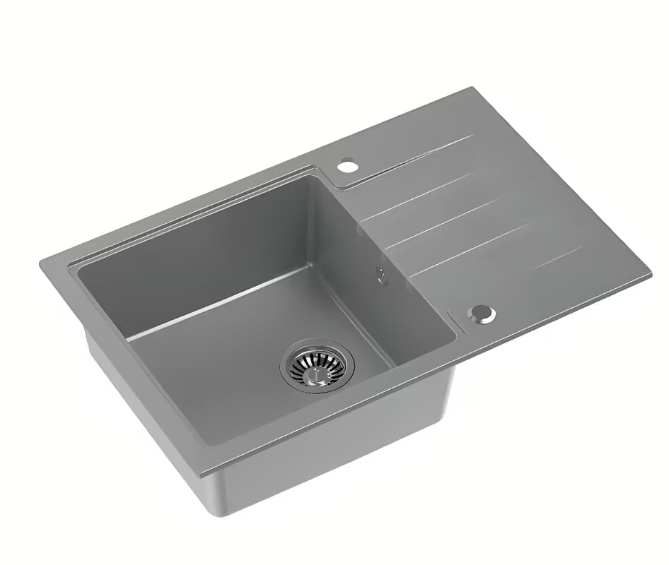 Šedý granitový kuchyňský dřez s odkapávačem pro montáž na pracovní desku Quadron Peter