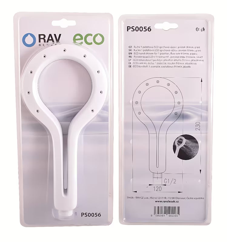 Ruční sprcha Rav Slezak v provedení chrom/bílá s jednou polohou proudu, průměr 12 cm.