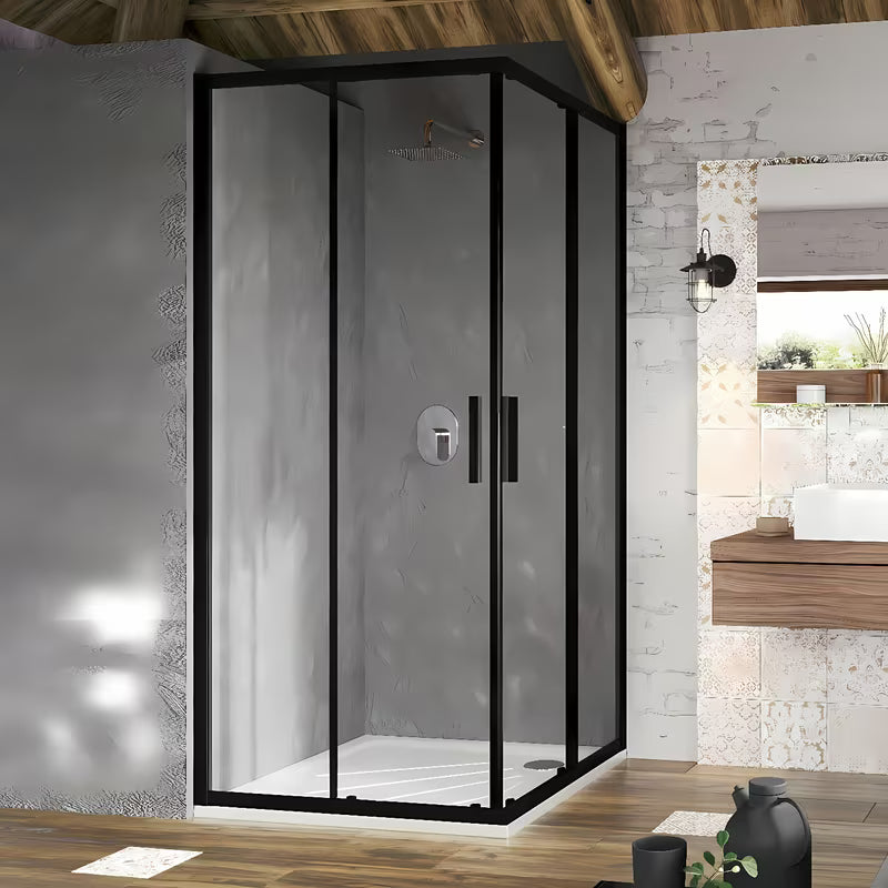 Čtvercový rohový sprchový kout Ravak Blix Slim 90x90 cm v černé barvě s čirým sklem a posuvnými dveřmi.