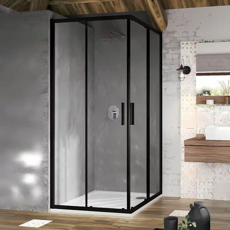 Čtvercový rohový sprchový kout Ravak Blix Slim 90x90 cm v černé barvě s čirým sklem a posuvnými dveřmi.