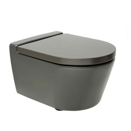 Závěsné WC Roca Inspira v matné barvě onyx s bezokrajovým provedením Rimless a skrytým uchycením.