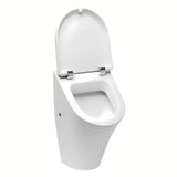 Bílý domácí pisoár Roca Nexo s poklopem SoftClose pro tiché a pomalé zavírání.