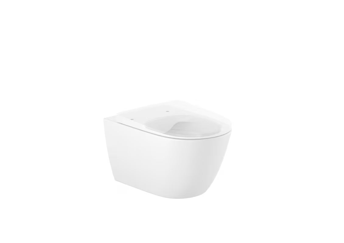 Bílé závěsné WC Roca Ona bez splachovacího okruhu s technologií Roca Rimless a skrytým uchycením.