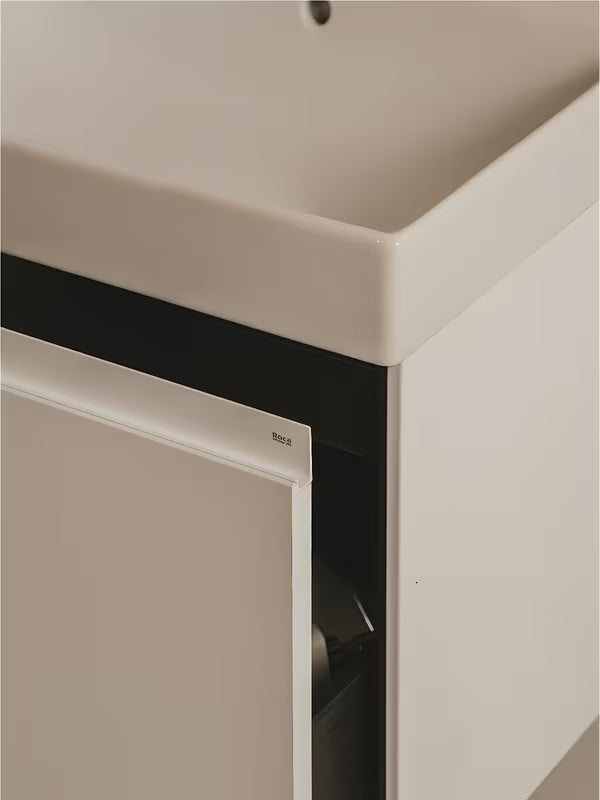 Závěsná koupelnová skříňka s keramickým umyvadlem Roca Ona v pískové barvě s matným povrchem