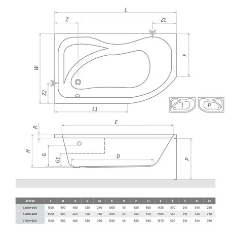 Roth Activa asymetrická rohová akrylátová vana v pravé orientaci 150x90 cm