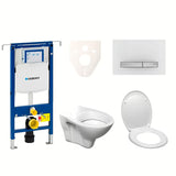 Závěsný WC set S-Line Pro s modulem Geberit Duofix, sedátkem a ovládacím tlačítkem Sigma 50 v bílé barvě.