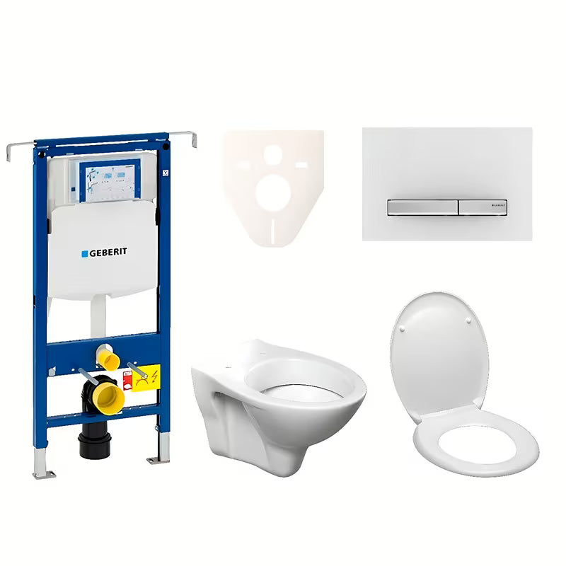 Závěsný WC set S-Line Pro s modulem Geberit Duofix, sedátkem a ovládacím tlačítkem Sigma 50 v bílé barvě.