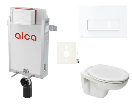Závěsný WC set S-Line Pro s modulem k zazdění, integrovanou nádržkou a bílým ovládacím tlačítkem.