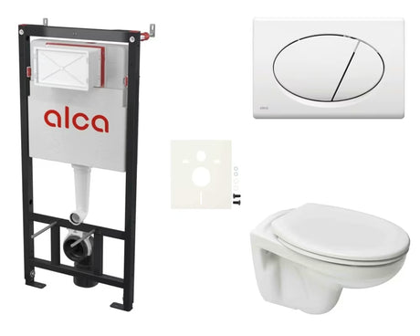 Závěsný WC set S-Line Pro s modulem do lehkých stěn, bílým ovládacím tlačítkem a duroplastovým sedátkem.