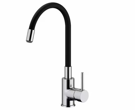 Dřezová baterie S-Line se silikonovým flexi ramínkem v provedení černá matná a chrom.