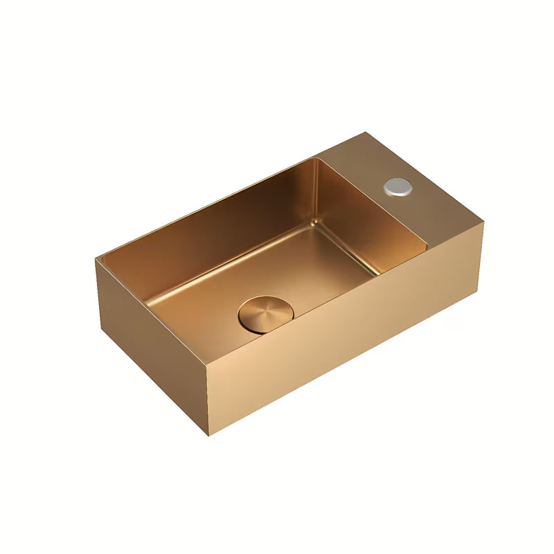 Závěsné nerezové umyvadlo SAT Aurum v růžovozlaté barvě (rosegold) o rozměru 40 x 22 cm.