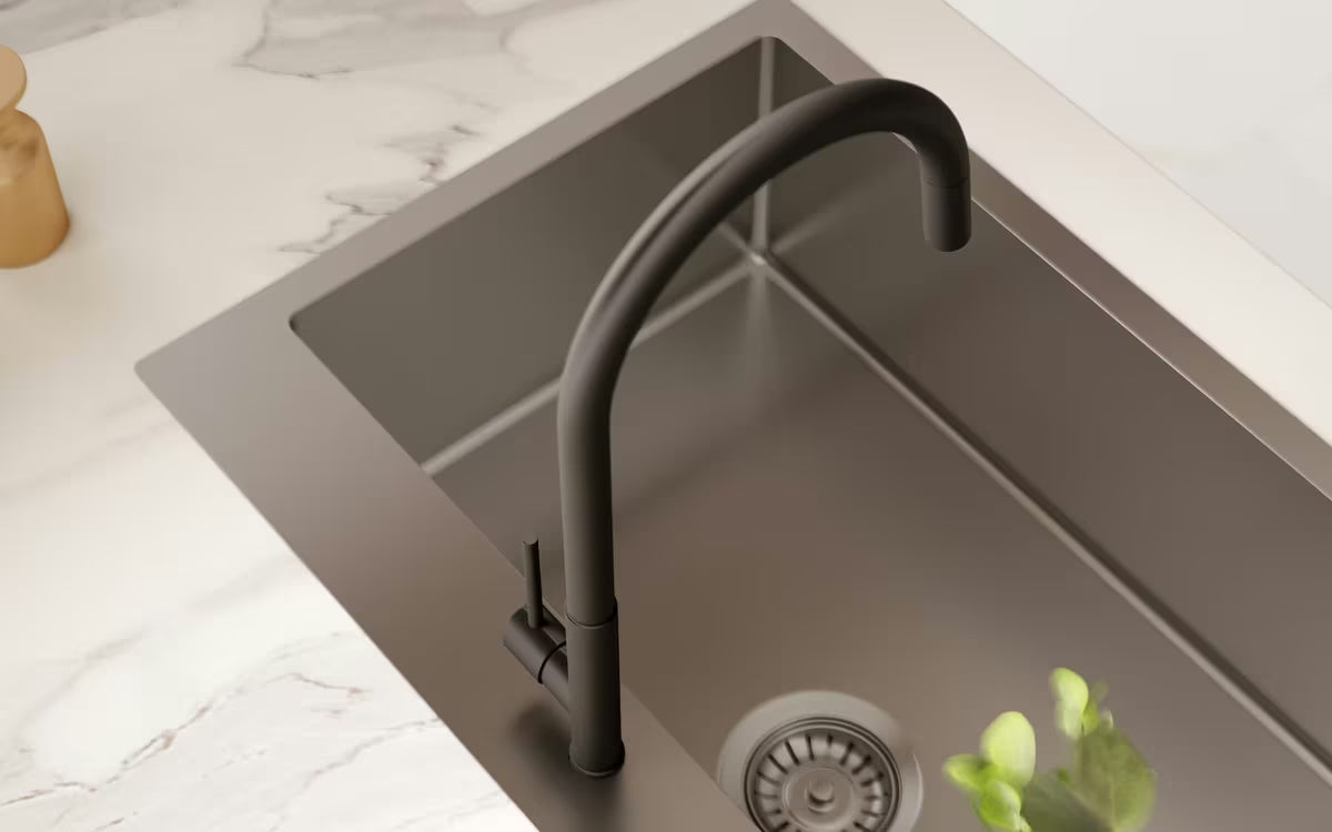 Kuchyňský nerezový jednodřez SAT Aurum gun metal pro montáž na pracovní desku, 68x45x21 cm.