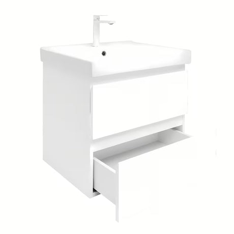 Závěsná koupelnová skříňka s keramickým umyvadlem SAT B-Way 1 v bílé lesklé barvě, 59x50x45 cm.