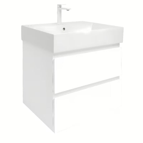 Závěsná koupelnová skříňka SAT B-Way 1 s keramickým umyvadlem v bílém lesku 59x50x45 cm.