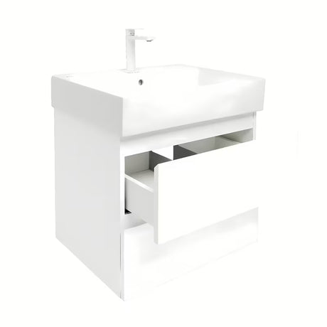 Závěsná koupelnová skříňka SAT B-Way 1 s keramickým umyvadlem v bílém lesku 59x50x45 cm.