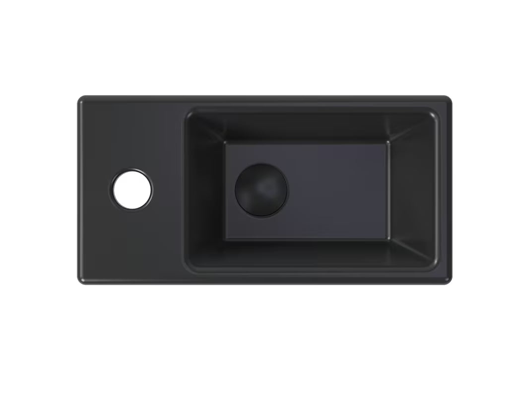 Závěsné umývátko SAT Brevis 40,5x20,5 cm v černé matné barvě s levým otvorem pro baterii.