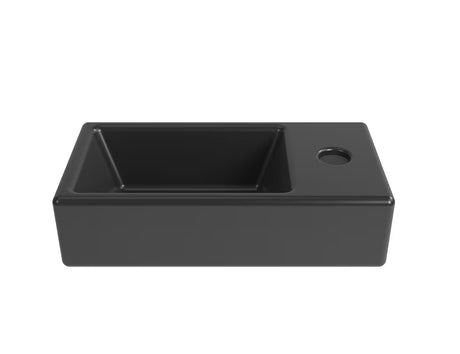 Závěsné keramické umývátko SAT Brevis 40,5x20,5 cm v matné černé barvě s otvorem pro baterii vpravo.