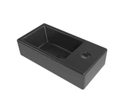 Závěsné keramické umývátko SAT Brevis 40,5x20,5 cm v matné černé barvě s otvorem pro baterii vpravo.