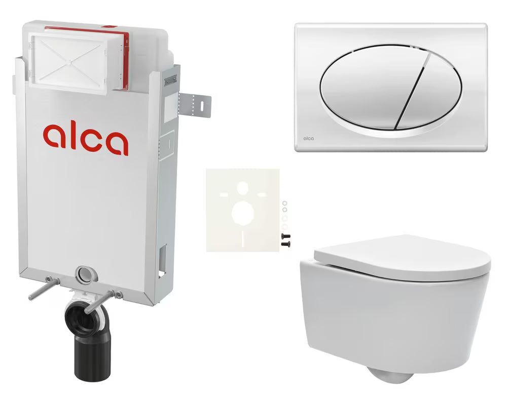 Závěsný WC set SAT Brevis s modulem Alca k zazdění, tlačítkem, zvukoizolační vložkou a sedátkem SoftClose