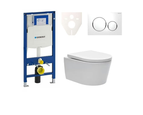Závěsný WC set SAT Brevis s modulem Geberit Duofix, Rimless mísou a bílým ovládacím tlačítkem