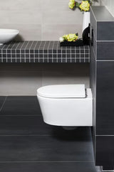 Závěsný WC set SAT Brevis s modulem Geberit, Rimless mísou a sedátkem SoftClose s bílým tlačítkem Delta