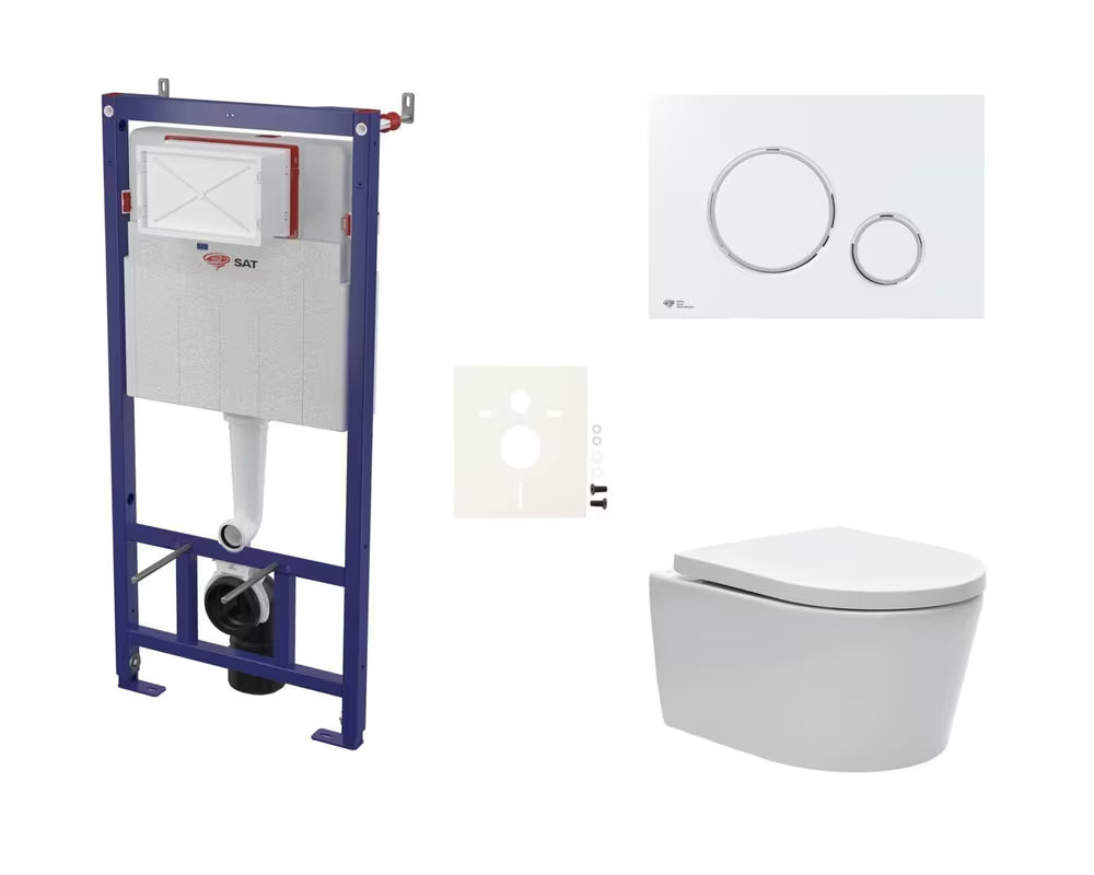 Závěsný WC set SAT Brevis s podomítkovou nádržkou, ovládacím tlačítkem a sedátkem s funkcemi SoftClose a EasyLock.