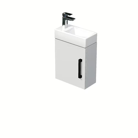 Závěsná koupelnová skříňka SAT Cube Way 1 s keramickým umývadlem v bílém lesku s černou úchytkou.