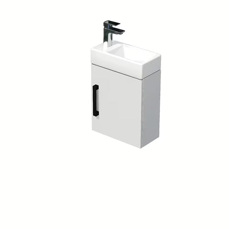 Závěsná koupelnová skříňka SAT Cube Way 1 s keramickým umývadlem v bílém lesku s černou úchytkou.