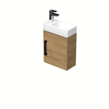 Závěsná koupelnová skříňka SAT Cube Way s keramickým umývátkem v dekoru dub hickory a černou úchytkou.