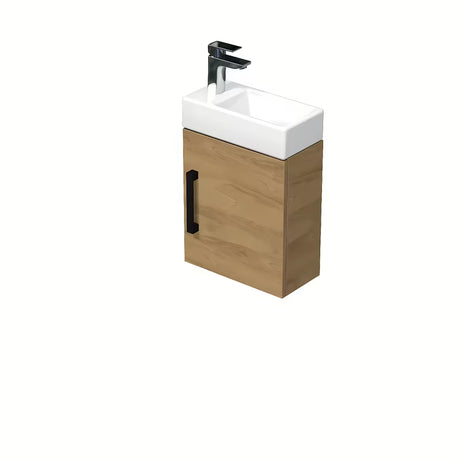 Závěsná koupelnová skříňka SAT Cube Way s keramickým umývátkem v dekoru dub hickory a černou úchytkou.