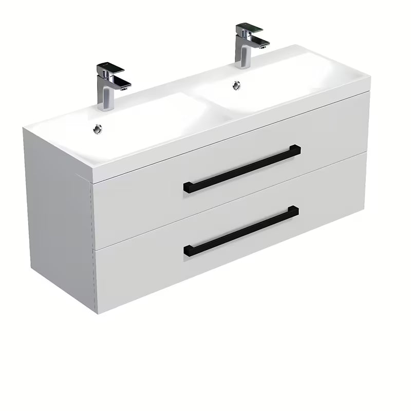 Závěsná koupelnová skříňka SAT Cube Way s dvojumyvadlem 120x40 cm v bílém lesku s černými úchytkami.