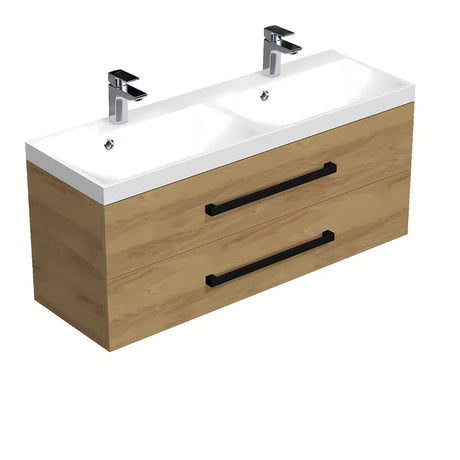 Závěsná koupelnová skříňka s umyvadlem SAT Cube Way 120x40 cm v dekoru dub hickory s černými úchytkami