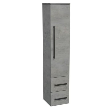 Vysoká závěsná koupelnová skříňka SAT Cube Way v dekoru imitace betonu s chromovými úchytkami.