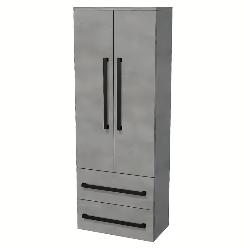 Závěsná vysoká koupelnová skříňka SAT Cube Way v imitaci betonu 60x163x33 cm s chromovými úchytkami.