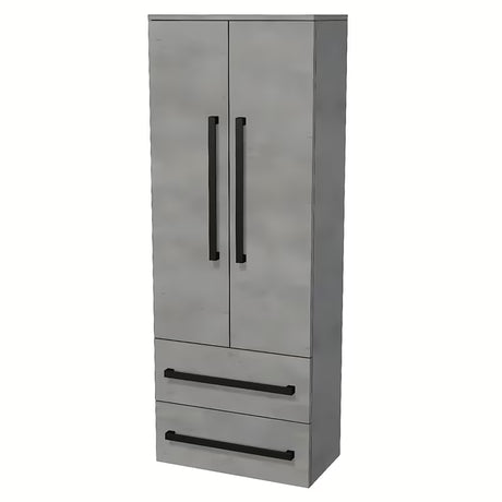 Závěsná vysoká koupelnová skříňka SAT Cube Way v imitaci betonu 60x163x33 cm s chromovými úchytkami.